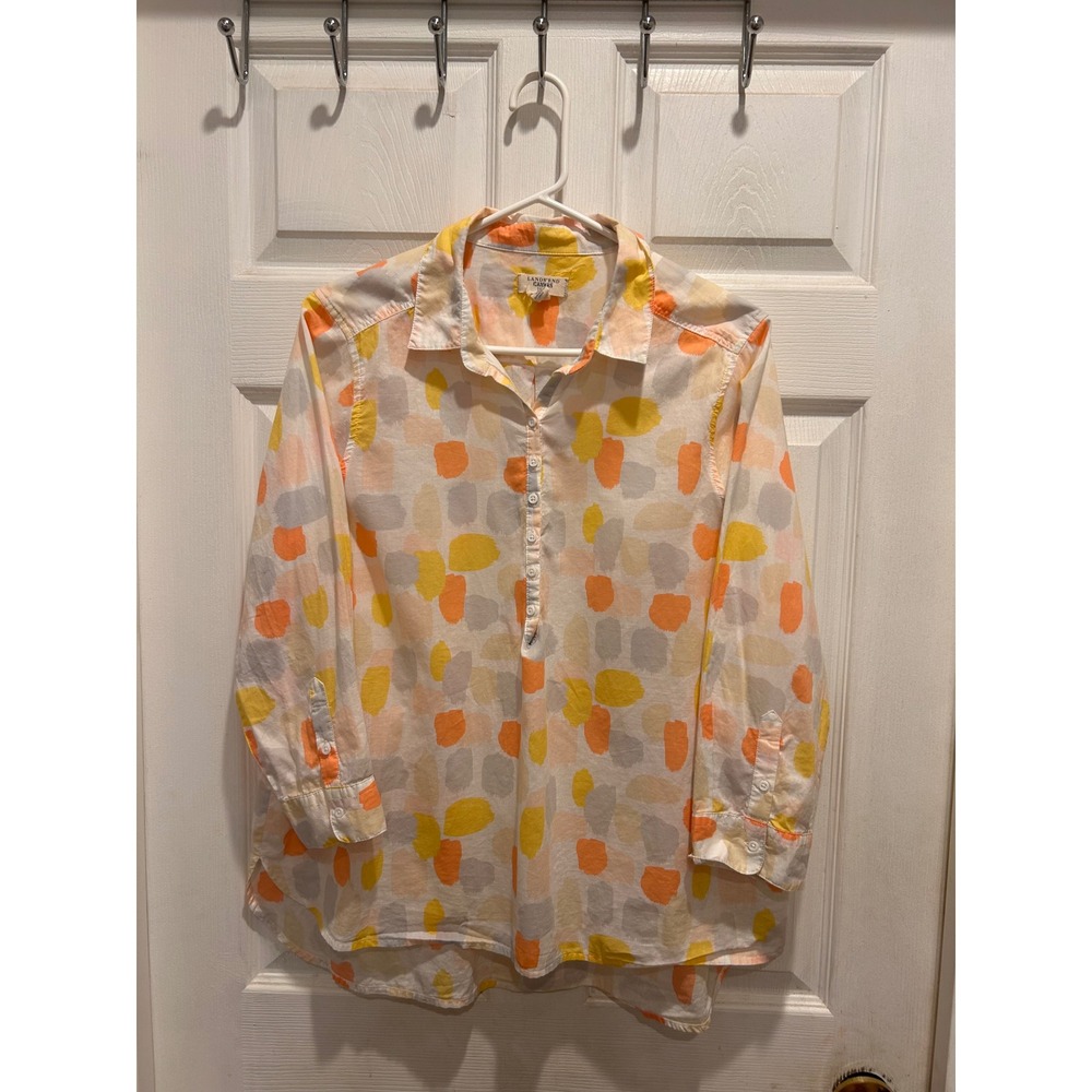 Lands End Canvas Womens 14 Orange Yellow Abstract Dot Cotton Popover Tunic